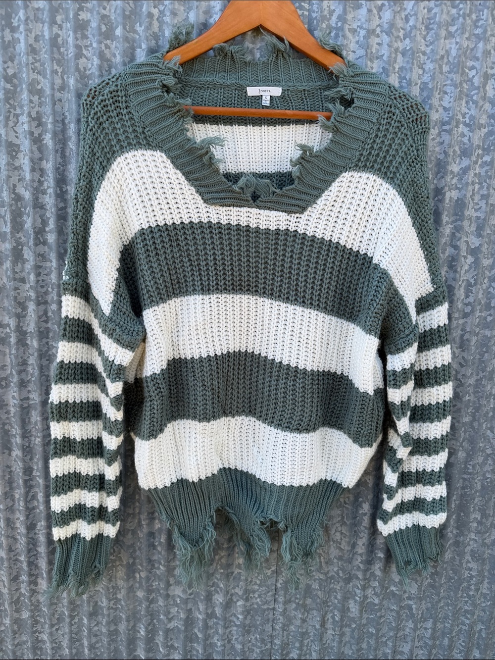 JODIFL Sage Green and Ivory Striped Fringe Knit Sweater